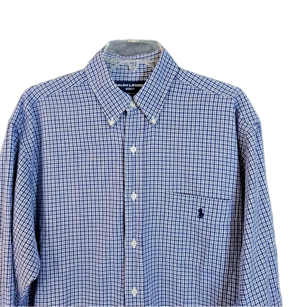 Ralph Lauren Golf Shirt Men's Medium Blue Plaid Tilden Button Up Long Sleeve